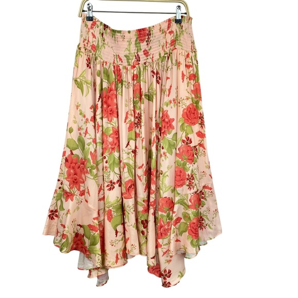 Anthropologie Boho Floral Asymmetrical Midi Skirt Size L Pink  Smocked Waist NWT - Picture 2 of 9